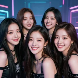 a photo of famous beautiful korean females from a kpop idol group, staring at the camera, laughing, cyberpunk background, canon ae - 1, sharp focus, bokeh,