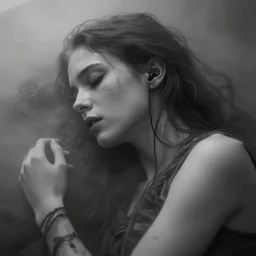 birth is a curse and she hasn't forgot that pain is another way of falling asleep, she is 2 1, skinny and beautiful, she listens to oathbreaker, still from a nicolas winding refn movie, black and white, the background is infected, insanely detailed, close up, foggy like in norwegian black metal aesthetic