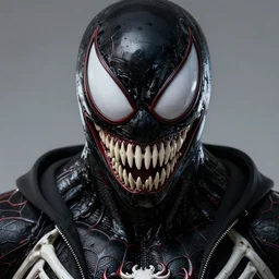 highly detailed closeup portrait of a cyborg venom symbiote in spiderman suit with skeleton skull face, black hoodie by atey ghailan, by greg rutkowski, by greg tocchini, by james gilleard, by joe fenton, by kaethe butcher, gradient, yellow, black, brown and white color scheme, grunge aesthetic!!! white graffiti tag wall background