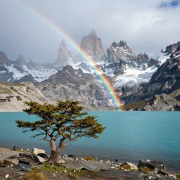 beautiful landscape photography by marc adamus, patagonia, a lake, a tree in the foreground, rainbow arch, canon 5 d, wide angle