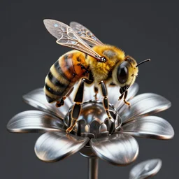 cyborg bee on metal flower, 3 d, highres
