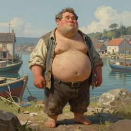 fullbody portrait of a fat man wuth fish - like features, dressed with old dirty clothes, soft light, by greg rutkowski and alphonse mucha, in front of an olf fishing village background, highly detailed portrait, digital painting, artstation, concept art, smooth, sharp focus illustration