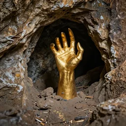 a golden hand with claws emerges from the nearest surface of a cave