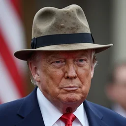 a portrait photograph of Donald Trump wearing a fedora hat, DSLR photography
