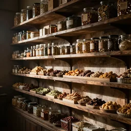 Shelves lined with foods, texture