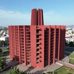 aerial view of brutalist extensive monument ricardo bofill muralla roja spomenik with ( ( railings ) ) photo, 4 k