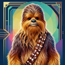 ( ( dither ) ), editorial illustration portrait of chewbacca, modern art deco, colorful, ( ( mads berg ) ), christopher balaskas, victo ngai, rich grainy texture, detailed, dynamic composition, wide angle, moebius, matte print