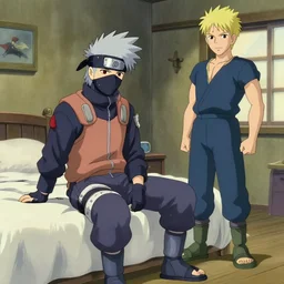 bedroom in studio ghibli, Kakashi Hatake sitting on bed, Saitama standing next to bed, anime style