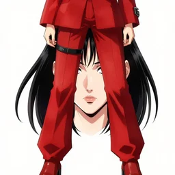 anime girl with a detailed face and black hair in a red outfit, full body, bottom half of photo, trending, illustration