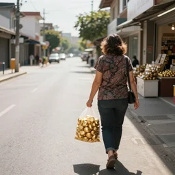 a mother coming back from shop a huge bag of gold she is walking home in a street the street is empty and it's sunny