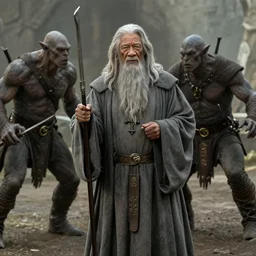 Morgan Freeman as Gandalf the Grey fighting orcs, still from Lord of the Rings movie, detailed, 4k