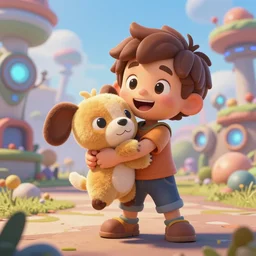 a kid squeeze hugging a plushy toy happily, futuristic, digital art, matte painting, trending on artstation and unreal engine, in the style of rayman origins, michael ancel, ruan jia and mandy jurgens and greg rutkowski