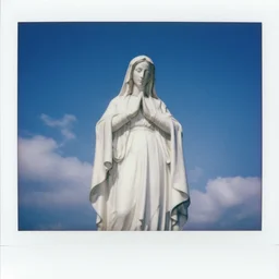 white statue of mother mary pictured slightly from below, clear sky with blue clouds in background, polaroid