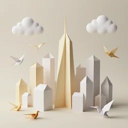origami city made out of sheets of paper, clouds made of paper origami, many origami birds, 3 d, very detailed, octane render