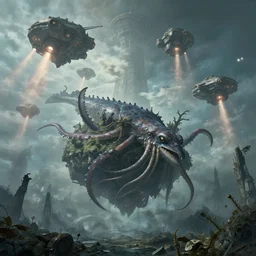 highly detailed elden ring portrait photo of a huge floating wailord squid in a scenic dystopian environment of hell. a fleet of even bigger massive spacecrafts lift off in the background, starting engines nitro jet drive, hyperrealistic illustration by william didier - pouget