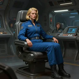 concept art by greg rutkowski, a very tall, and slender blonde woman, wearing blue utilitarian jumpsuit, sitting in the spaceship command bridge, brutalist futuristic interior, dark lighting atmosphere, detailed portraits, nostalgic atmosphere, scifi, digital painting, artstation, concept art, smooth, sharp foccus ilustration, artstation hq