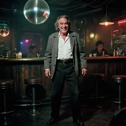 the full - body shot of drunk crazy smiling old wrinkled unkempt detective ( ( ( ( joaquin phoenix ) ) ) ) with sideburns worn in grey jacket and white shirt in dark steampunk fallout disco bar, cinematography of christopher doyle, frostpunk, neon gloomy light, discoball reflections, anamorphic, optical flares, kodak film, 8 k