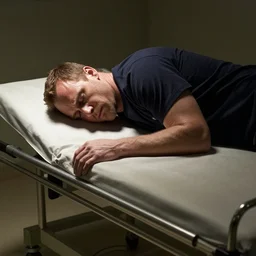 dexter morgan sleeping on a morgue table, photo realistic