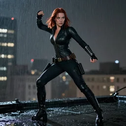 in the style of phil noto, black widow on a rooftop, night, rain, action pose, phil noto