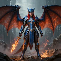 full body portrait of a dnd dragon hunter in the intricate thunderous mountains, femaledrow elf, strong, symmetric wings, dragon inspired blue armor, red hair, helmet, pretty, fire, high fantasy, detailed face, highly detailed, sharp focus, smooth, digital illustration, by clyde caldwell