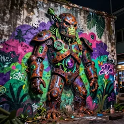 dream of jungle golem, graffiti on the wall, shades of purple, green, fuchsia, dirty colours, night, rotten textures, rusty shapes, biotechnology, banksy, david lozano, rene margeritt, norman rockwell, tim hildebrandt, wayne barlow, bruce pennington, larry elmore, spray on wall, deep depth field, masterpiece, cinematic composition, hyperdetailed, hd, 8 k
