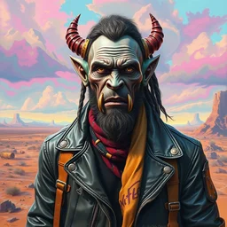apocalyptic scifi orcish biker character standing in a wasteland, professional portrait, psychedelic vibrant colors, futuristic punk rock fashion, oil painting by michael whelan art, perfect face, sharp focus, detailed eyes, realistic, leather jacket, 8 k