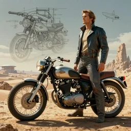 moebius and ralph mcquarrie style, vintage classic motorcycle, sci - fi technical drawing, blade runner 2 0 4 9
