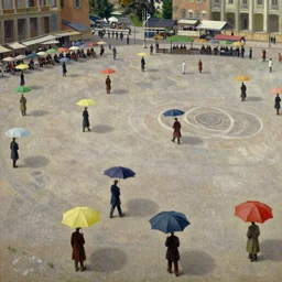 dahomey officials with completely flat colorful umbrellas in ahomey's huge main square, from above, 1905, highly detailed, oil on canvas, by ilya repin