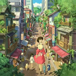 highly detailed busy modern city street, detailed shops, animals walking around. in the style of spirited away, vibrant colours, hyperrealism, dynamic lighting, art by satoshi kon and studio ghibli, lush detail, award winning, pixiv fanbox, trending on artstation, by otto dix and greg rutkowski and beeple, 4 k