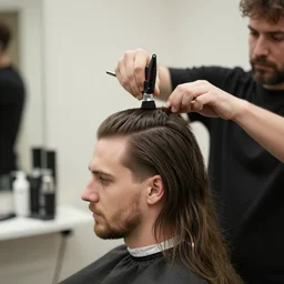 man with long hair gets hair cut by a barber, looking sharp