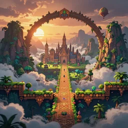 way to the beautiful city in a ring of mountains, side-scrolling 2d platformer game level, swirling clouds, fantasy jungle vegetation, dramatic dusk sun illuminates areas, volumetric light , detailed carved ornaments, rich color, upscale , 8k