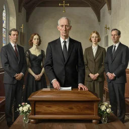 funeral at church,highly detailed, very coherent, painted by Francis Bacon and Edward Hopper, Wayne Barlowe, painted by James Gilleard, surrealism, airbrush,  art by JamesJean