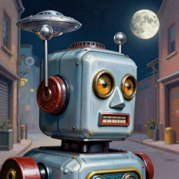 closeup profile face portrait of a tin toy robot, 1 9 5 0 s scifi, ufo, flying saucer, moon, meninblack, steampunk, alley, streets, walter sickert, earl norem, hyper realistic, artstation, illustration, digital paint, matte paint, vivid colors, detailed and intricate environment