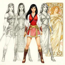 detailed pencil fashion spot illustrations of xena warrior princess and mulan crossover, various poses, by burne hogarth, by bridgeman, by anthony ryder, by mucha, cgsociety, artstation.