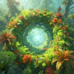 a_circle_portal_structure_built_out_of_plants_bright_cyberpunk_glow_epic_surrealism_forest_green_orange_lime_green_dull_red_pale_blue