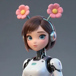 beautiful cartoonish cyborg woman with flower antennas