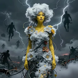 A portrait of a woman wearing clothes made out of thunder clouds and flowers, silhouettes of people floating in the air in the background, apocalypse, yellow skin, Masterpiece, glowing, wires everywhere, by Edgar Maxence and Ross Tran, Zdzisław Beksiński, and Michael Whelan, distant, gustav dore, H.R. Giger, 8k, octane render