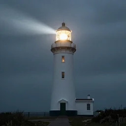 a lighthouse during a storm, lighthouse beam shining brightly, lens flare