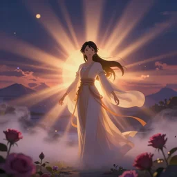 Stills from the Chinese animated series Heaven Official's Blessing, god rays, dynamic poses, bloom, volumetric fog, moody ambiance, cinematic lighting, twilight, sunset, rose and lavender and amber color grading, Artgerm, Sakimichan, Alphonse Mucha, fantasy, portfolio illustration, highly detailed, trending on Artstation, CGsociety, HQ, 8k, 35mm lens, f2.8, Bokeh,