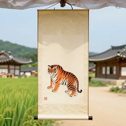 hanging silk scroll, protoss holding a pole, tiger, korean countryside