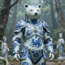 porcelain anthropomorphic bear cyborg armor, chinese blue and white porcelain 1 4 th century, porcelain forest background, diffuse lighting, fantasy, intricate, elegant, highly detailed, lifelike, photorealistic, digital painting, artstation, illustration, concept art, smooth, sharp focus, art by john collier and albert aublet and krenz cushart and artem demura and alphonse mucha