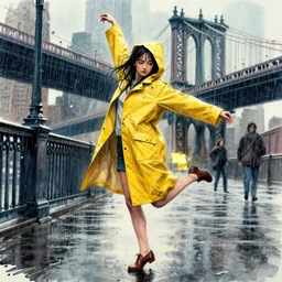portrait, a beautiful girl in a yellow raincoat, dancing in the rain, New York, Puddles, Bridge, watercolor, dramatic lighting, cinematic, establishing shot, extremely high detail, foto realistic, cinematic lighting, pen and ink, intricate line drawings, by Yoshitaka Amano, Ruan Jia, Kentaro Miura, Artgerm, post processed, concept art, artstation, matte painting, style by eddie mendoza, raphael lacoste, alex ross