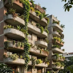 “Eco-brutalist (Brutalism with lots of plants, vines and planters) public housing in New Delhi, photorealistic, hyper realistic, cinematic lighting, 8K resolution”