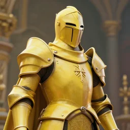A closeup of a yellow holy knight by Greg Rutkowski, Dan Mumford, Christophe Vacher, 4k photorealistic, volumetric lighting, HD, high details, dramatic, hdr, trending on artstation