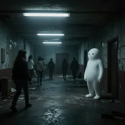 the backrooms, the eerie forlorn atmosphere of a place that's usually bustling with people but is now abandoned and quiet, buzzing fluorescent lights above the ceiling, unsettling images, liminal space, dark, white monster standing