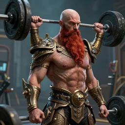 Bald man with long red beard lifting weights, realistic 4k octane beautifully detailed render, 4k post-processing, highly detailed, intricate complexity, epic composition, magical atmosphere, cinematic lighting, masterpiece, ultra hd