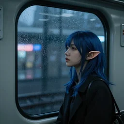 50mm photo of a shadowy beautiful asian girl with blue hair and elf ears, moody, Inside of a round rainy train window looking out on to a city with neon lights