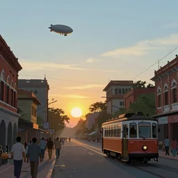 illustration of streets of calcutta, tram, sunset, airship in the sky, clear skies in the distance, hyperreal, artstation