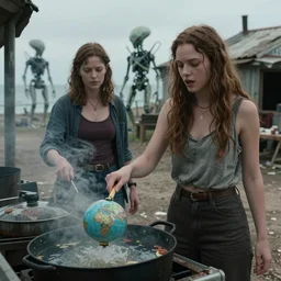 she makes the deep boil. dark fantasy story about two casually - dressed women in a dirty seaside town, a globster, and a beautiful song. color cinematic still from an action - packed 2 0 1 1 attaching!! hybridizing alien - robot invasion science - fiction blockbuster movie ; highly - detailed.
