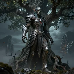 dark fantasy concept of elven tree elf god, with dark steel and eldritch wood armor on a mountain, cinematic, dynamic lighting, photorealistic, ultra detailed, trending on art station, stunning visuals, creative, hyper detailed